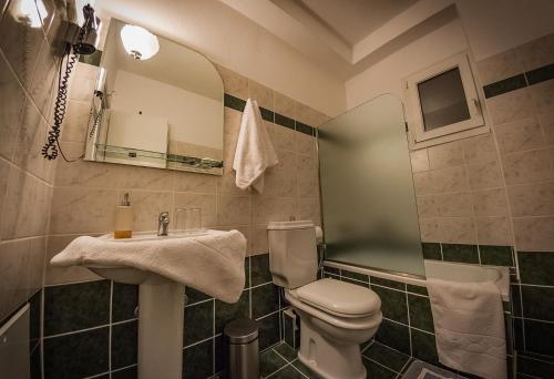 a bathroom with a toilet and a sink and a mirror at Horizon Hotel in Ioannina