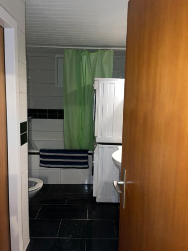 baño con aseo y cortina de ducha verde en Private room for long term rent 1000-1200CHF per month en Bolligen