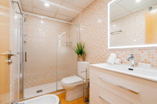 a bathroom with a shower and a toilet and a sink at Global Home-Pico Cebollera in Madrid