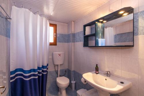 y baño con lavabo, aseo y cortina de ducha. en Liviko Beach Apartments, en Frangokastello