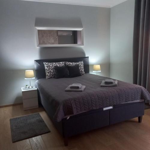 1 dormitorio con 1 cama con 2 toallas en Apartman Lola en Subotica