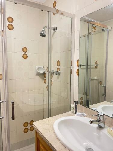 a bathroom with a sink and a shower at Monolocale la terrazza sulla neve-Cervinia in Breuil-Cervinia
