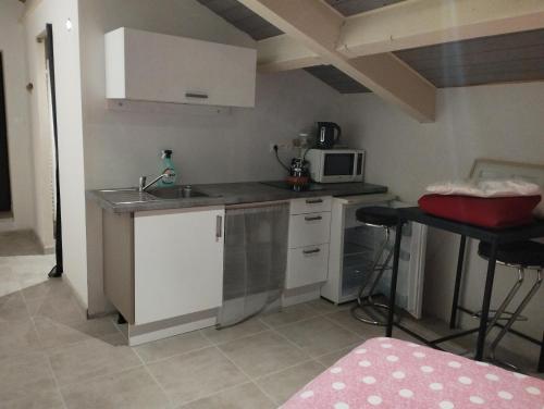 a small kitchen with a sink and a microwave at Studio "les planchettes" in Fay-sur-Lignon