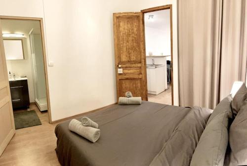 um quarto com uma cama grande e um espelho grande em Superbe Appartement Paris 16 em Paris