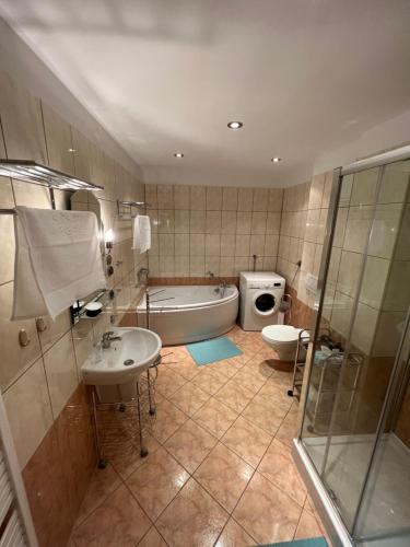 a bathroom with a tub and a sink and a toilet at Apartament Pieniny Dream in Krościenko