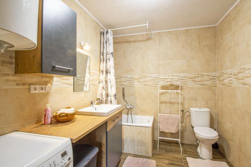 La petite salle de bains est pourvue d'un lavabo et de toilettes. dans l'établissement apartmán 1kk Zlámanka, à Kroměříž