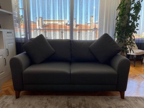 a couch with two pillows sitting in a living room at Etilerde metroya yakın sakin sessiz ve ferah daire in Istanbul