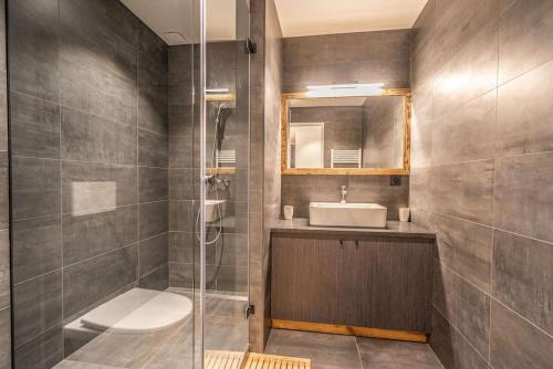 a bathroom with a shower and a toilet and a sink at Serre Chevalier Monêtier les Bains T3 jardin Appartement les Mélèzes in Le Monêtier-les-Bains