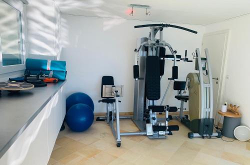 a room with a gym with exercise equipment at La Romély in Arzier