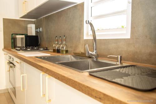 a kitchen counter with a sink and a window at VILLA « FLEUR DE PIRATE » in Saint Martin