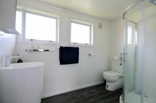 een badkamer met een wastafel en een toilet en 2 ramen bij Opunake Break - Opunake Holiday Home in Opunake