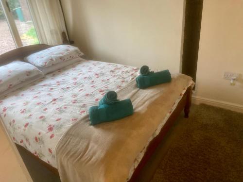 sypialnia z łóżkiem z dwoma ręcznikami w obiekcie Beautiful 1-Bed House in Gloucestershire w mieście Westbury on Severn