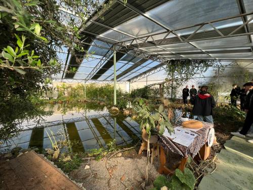 a greenhouse with a table with plants in it at Ezen Giardino Botanico in Acquaponica in Lecce