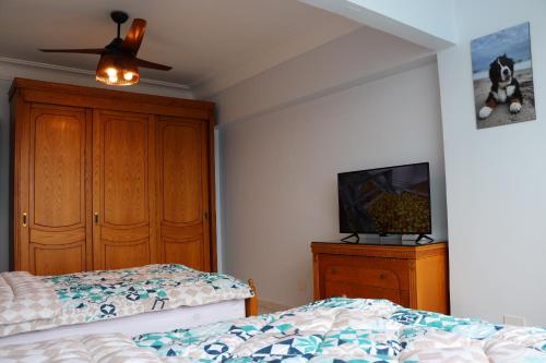 a bedroom with two beds and a ceiling fan and a tv at Nour 1 in Alexandria