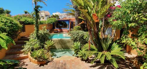 a swimming pool in a garden with plants at The Secret Corner of Luz in Luz
