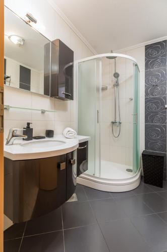 a bathroom with a sink and a shower at Vila Ana Apartman 1 in Fažana