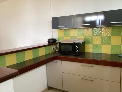 a kitchen with a counter top with a microwave at Appartement Montgeralde Fort-de-France in Fort-de-France