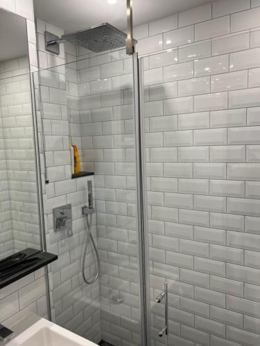 een badkamer met een douche en een wastafel bij Köln City Stillvolle Apartment in Keulen