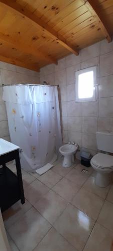 y baño con aseo y lavamanos. en Cabaña Aike en El Calafate