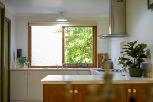 une cuisine avec une grande fenêtre et un comptoir de cuisine dans l'établissement Botanica Retreat, à Olinda