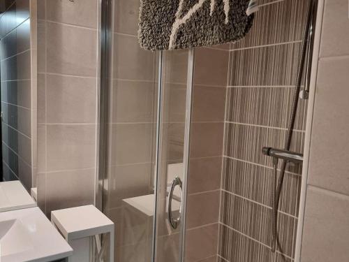 a shower with a glass door in a bathroom at Appartement Saint-Michel-de-Chaillol, 3 pièces, 6 personnes - FR-1-393-162 in Saint-Michel-de-Chaillol