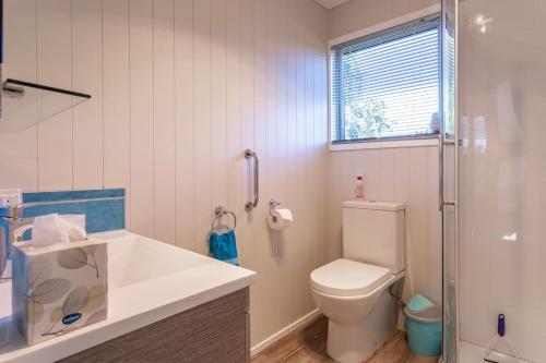 a bathroom with a toilet and a sink and a shower at Elevated two bedroom apartment in Arrowtown