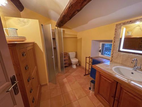 Bizanet的住宿－Ancien Mas viticole à 10 min de Narbonne，一间带水槽和卫生间的浴室