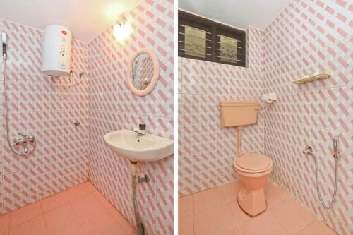Duas fotografias de uma casa de banho com um lavatório e um WC. em AAdya. Homestay em Madikeri