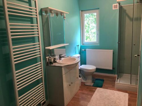 bagno verde con lavandino e servizi igienici di gite des 3 pleureuses a Saint-Riquier