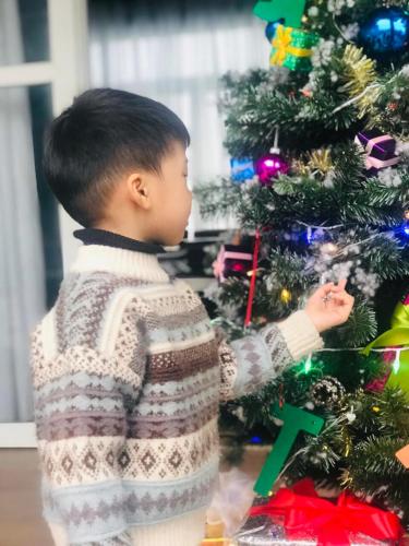 a young boy standing next to a christmas tree at Nhà Trên Mây - Homstay Tam Đảo in Tam Ðảo