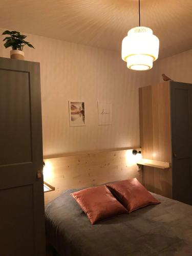 une chambre avec un lit avec un oreiller dessus dans l'établissement Appartement rez-de-chaussée, Cosy T3 4 à 6 pers avec Piscines Intérieure & Extérieure à Samoëns en Haute-Savoie, à Samoëns
