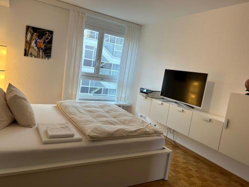 um quarto com uma cama e uma televisão num armário em Guesthouse Elisa 6 em Zurique