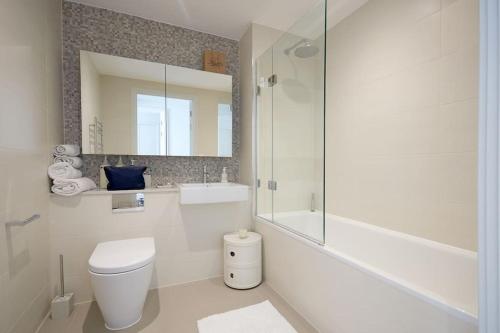 a bathroom with a toilet and a sink and a shower at THE VIEW by condokeeper in London
