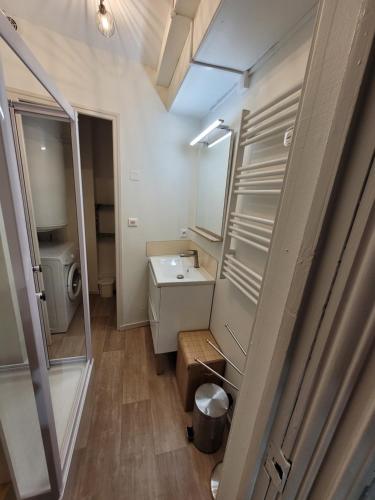 a small bathroom with a sink and a mirror at Le Sarciron in Le Mont-Dore