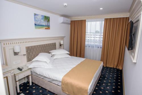 a hotel room with a bed and a television at Hotel Terra in Neptun