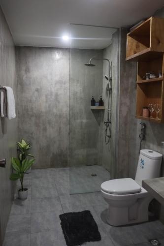 a bathroom with a shower with a toilet and a sink at The Beach House in El Nido