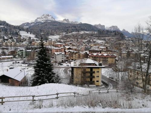 a town in the snow with a mountain in the background at EMARGHE, CASA A MOENA in Moena