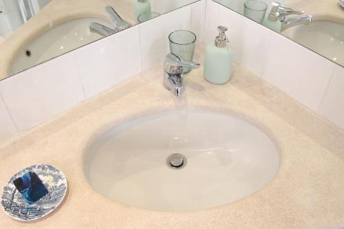 a bathroom counter with a sink and a soap dispenser at Erbe Canal View Private House in Venice