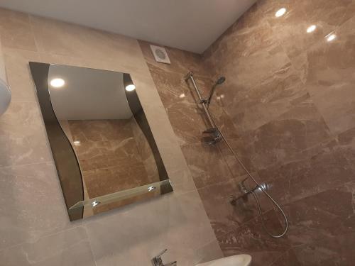 a bathroom with a shower and a mirror at Lux Apartment Вокзал. Надежды Алексеенко 30 in Dnipro