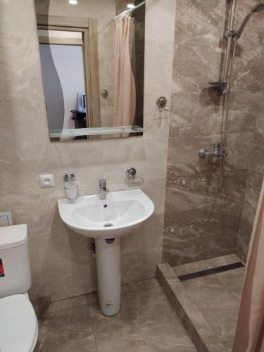 a bathroom with a sink and a shower at Lux Apartment Вокзал. Надежды Алексеенко 30 in Dnipro