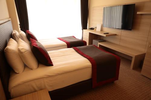 a hotel room with two beds and a television at Ramada by Wyndham Istanbul Sile in Sile