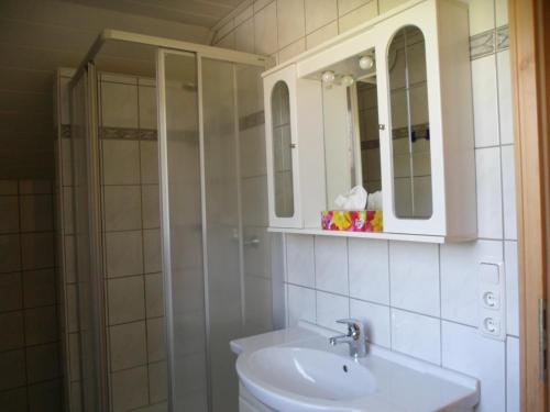 y baño blanco con lavabo y ducha. en Ferienhaus 2, en Auberg
