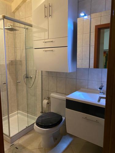 a bathroom with a toilet and a shower and a sink at Seaview Luxury Penthouse Mare in Sal Rei