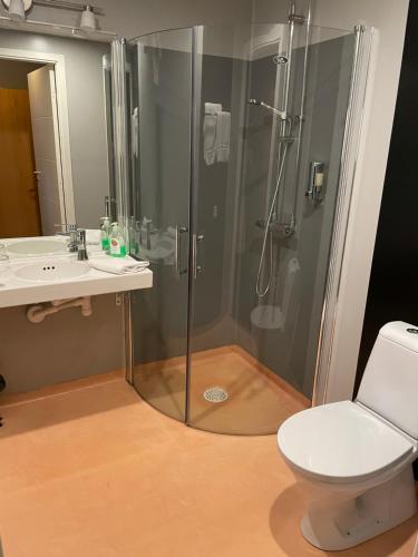 a bathroom with a shower and a toilet and a sink at Hotell Entré Norr in Umeå