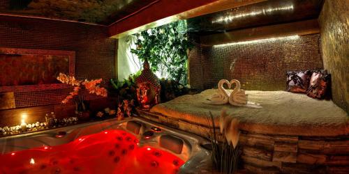 a bathroom with a bath tub with a bed and a bath tub at Afrodita Wellness Apartman Prague in Prague