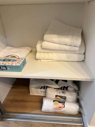 une étagère avec des serviettes et une boîte dans un réfrigérateur dans l'établissement Studio moderne proche Disney Land, à Bussy-Saint-Georges
