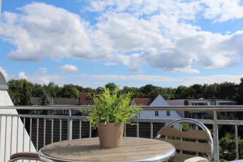 une plante en pot assise sur une table sur un balcon dans l'établissement StadtHeimat29, à Münster