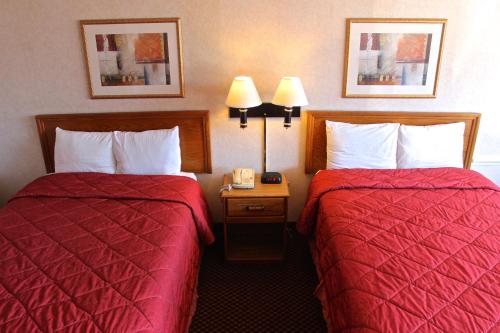 two beds in a hotel room with red sheets at Regency Inn Richmond in Richmond