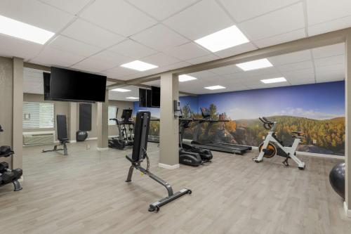 a gym with several exercise bikes and a wall mural at Clarion Pointe Kimball By Choice Hotels in Kimball