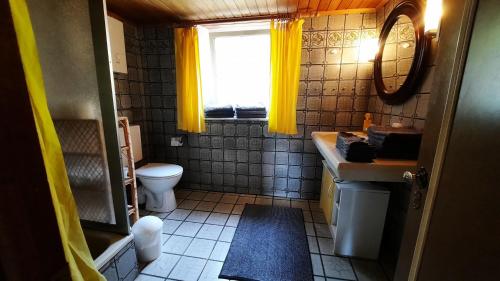 a bathroom with a toilet and a sink and a window at Ferienhaus-Ilstad in Udler